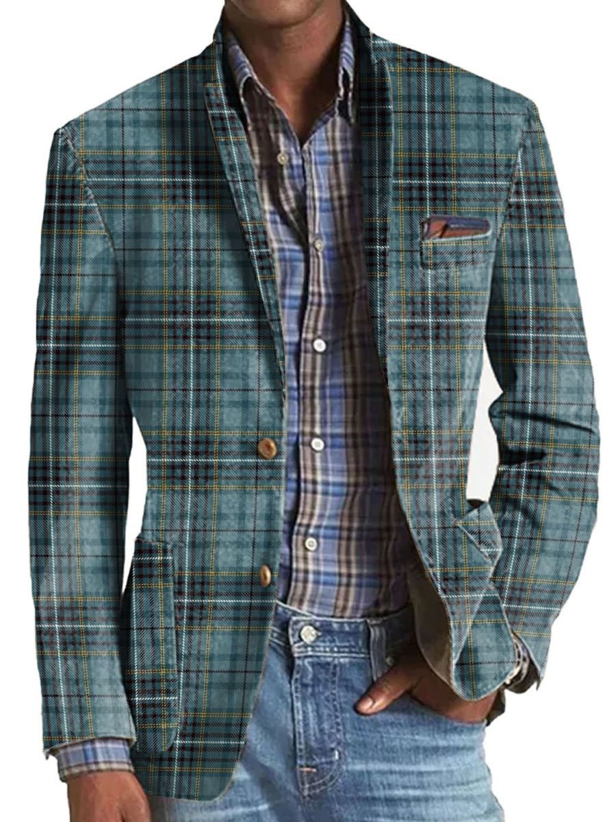 Men BXL Print Jacket | Men'S Vintage Plaid Print Casual Pocket Blazer Blue