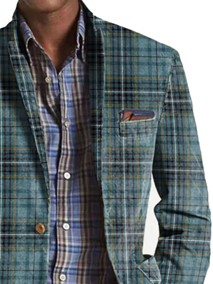 Men BXL Print Jacket | Men'S Vintage Plaid Print Casual Pocket Blazer Blue