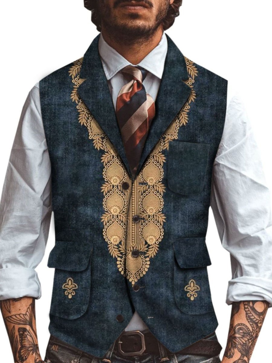 Men DJ Vest | Retro Mexican Pattern Three-Pocket Lapel Casual Vest Navy Blue