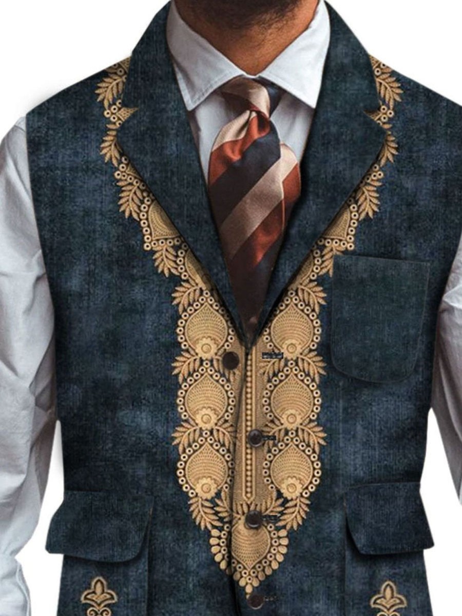 Men DJ Vest | Retro Mexican Pattern Three-Pocket Lapel Casual Vest Navy Blue