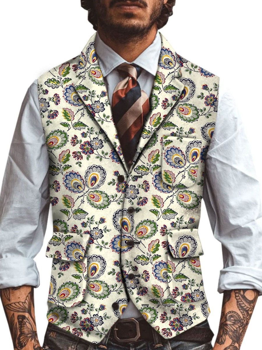 Men TH Vest | Retro Print Three-Pocket Lapel Suit Vest Photo Color