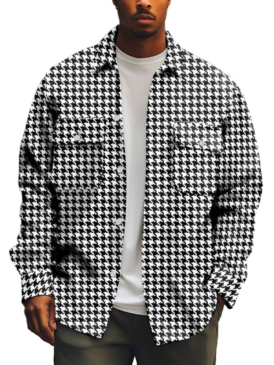 Men BXL Print Jacket | Retro Houndstooth Double Pocket Single Breasted Lapel Casual Shirt Jacket Black