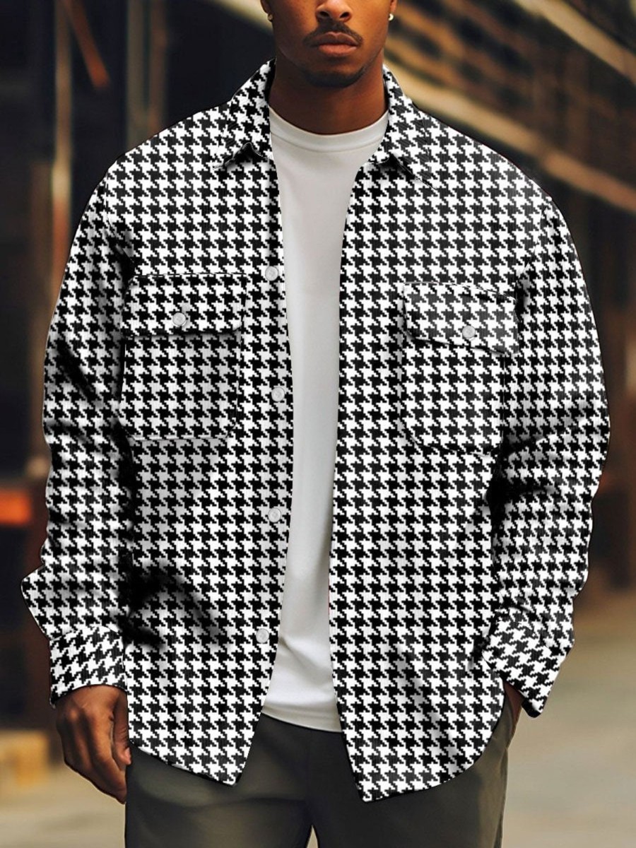 Men BXL Print Jacket | Retro Houndstooth Double Pocket Single Breasted Lapel Casual Shirt Jacket Black