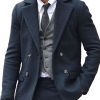 Men DJ Jacket | Lapel Double Pocket Herringbone Single Breasted Casual Blazer Navy