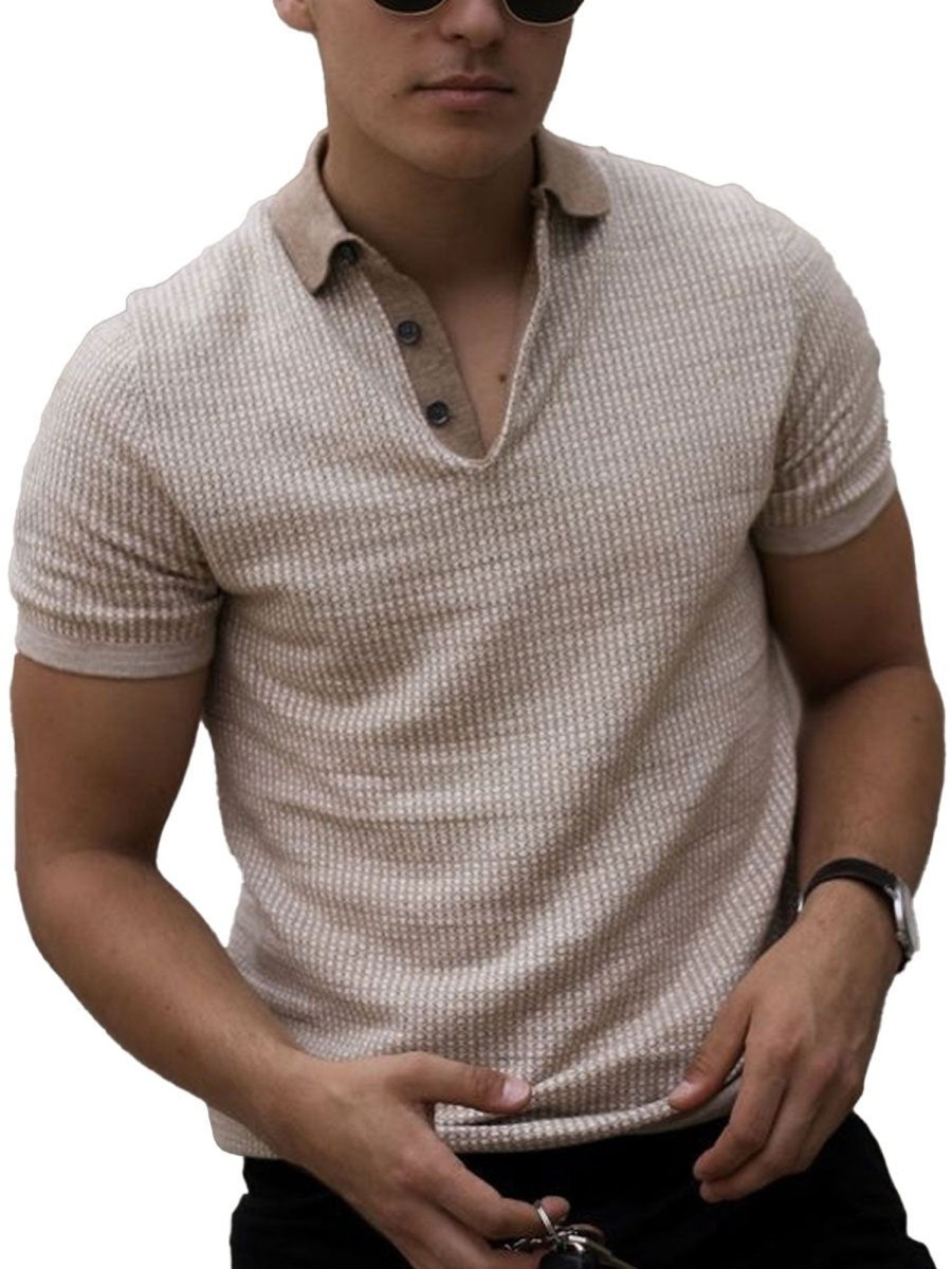 Men BXL Casual Short Sleeve Shirts | Men'S Knitted Polo Collar Short Sleeve T-Shirt Beige