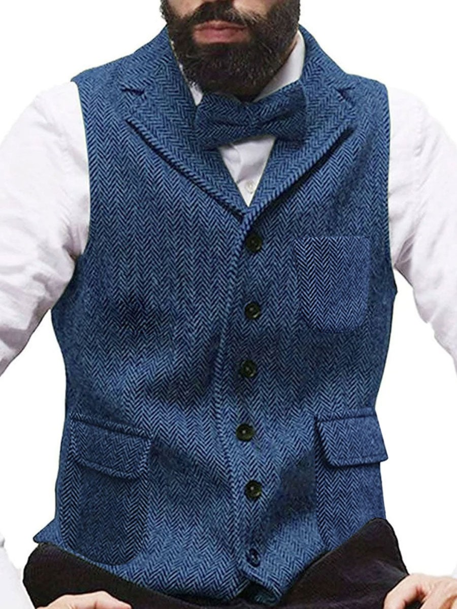 Men BXL Vest | Men'S Vintage Woolen Single-Breasted Herringbone Pocket Suit Vest Blue