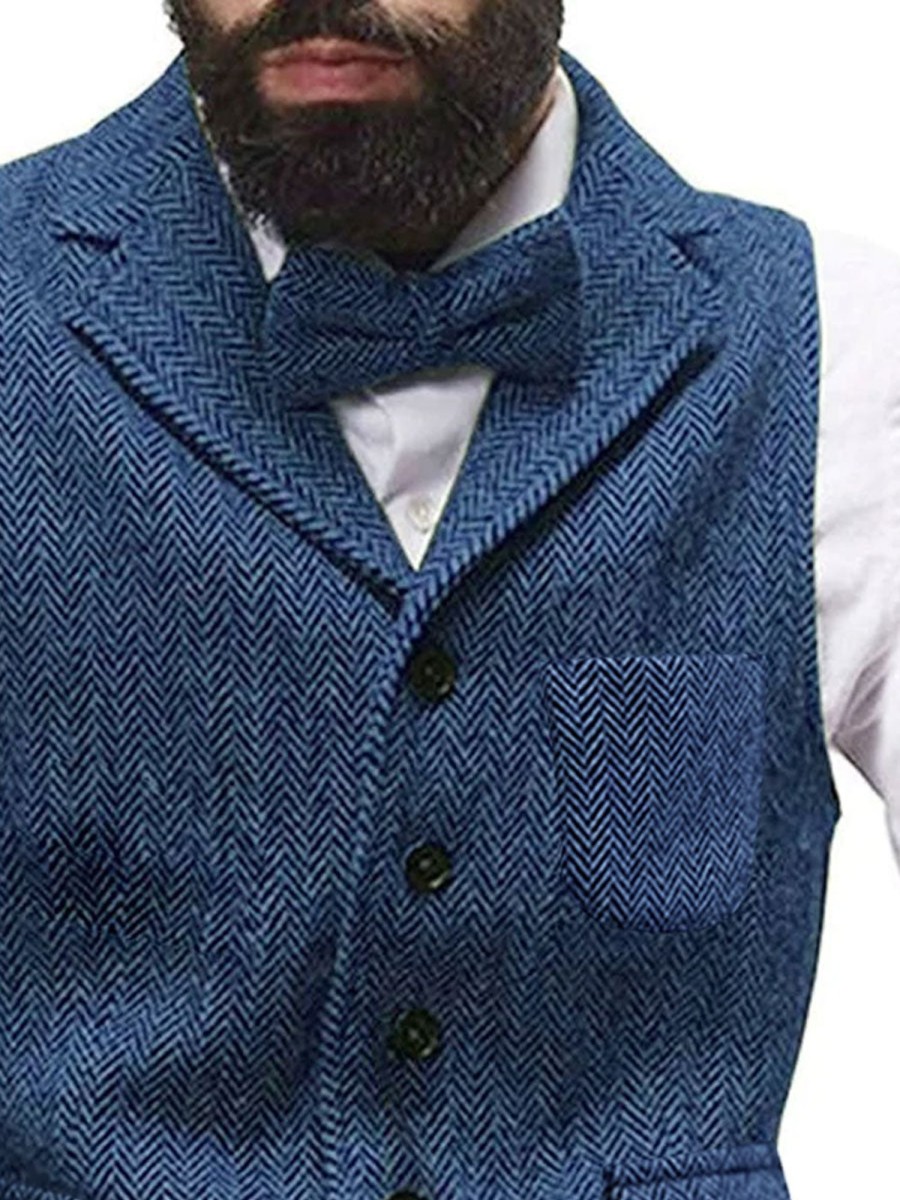 Men BXL Vest | Men'S Vintage Woolen Single-Breasted Herringbone Pocket Suit Vest Blue