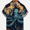 Men HLJ Shirts | Sea Life Comic Style Octopus Guard Pirate Ship Print Hawaiian Short Sleeve Shirt Navy Blue