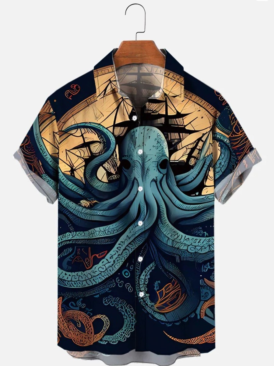 Men HLJ Shirts | Sea Life Comic Style Octopus Guard Pirate Ship Print Hawaiian Short Sleeve Shirt Navy Blue