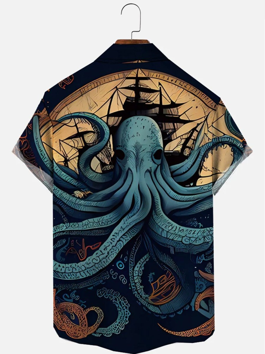 Men HLJ Shirts | Sea Life Comic Style Octopus Guard Pirate Ship Print Hawaiian Short Sleeve Shirt Navy Blue