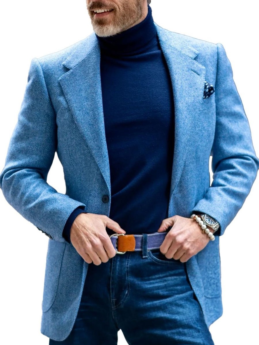 Men BXL Jacket | Men'S Vintage Herringbone Wool Lapel Casual Blazer Blue