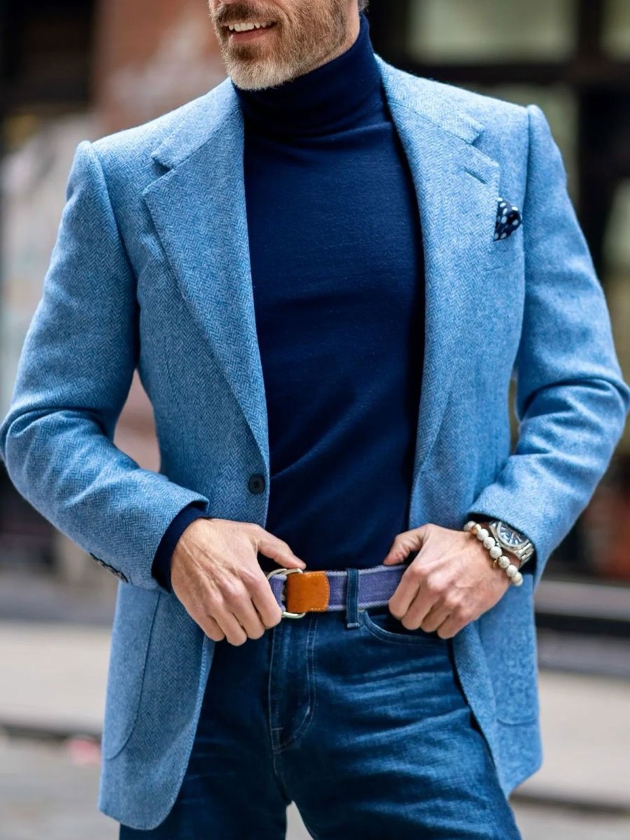 Men BXL Jacket | Men'S Vintage Herringbone Wool Lapel Casual Blazer Blue