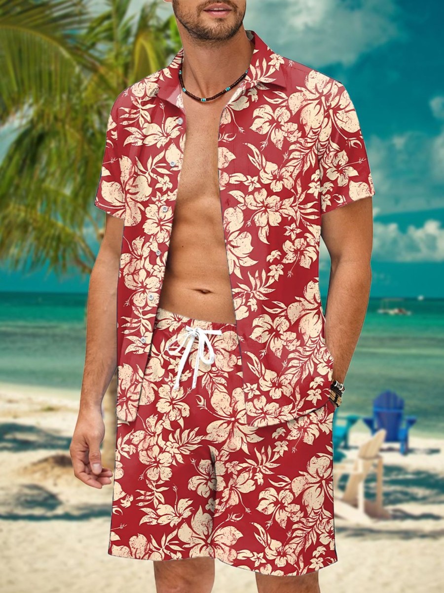 Men HWT Set | Men'S Sets Holiday Topical Hibiscus Print Two Piece Sets