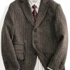 Men QMY Jacket | Gentleman Lapel Herringbone Blazer Brown