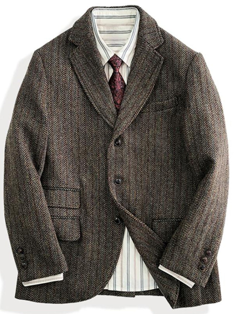 Men QMY Jacket | Gentleman Lapel Herringbone Blazer Brown