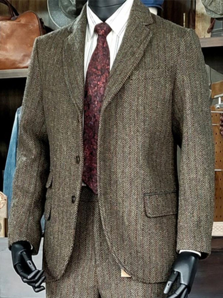 Men QMY Jacket | Gentleman Lapel Herringbone Blazer Brown