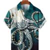 Men HLJ Shirts | Ocean Octopus Print Casual Breathable Hawaiian Shirt Lake Blue