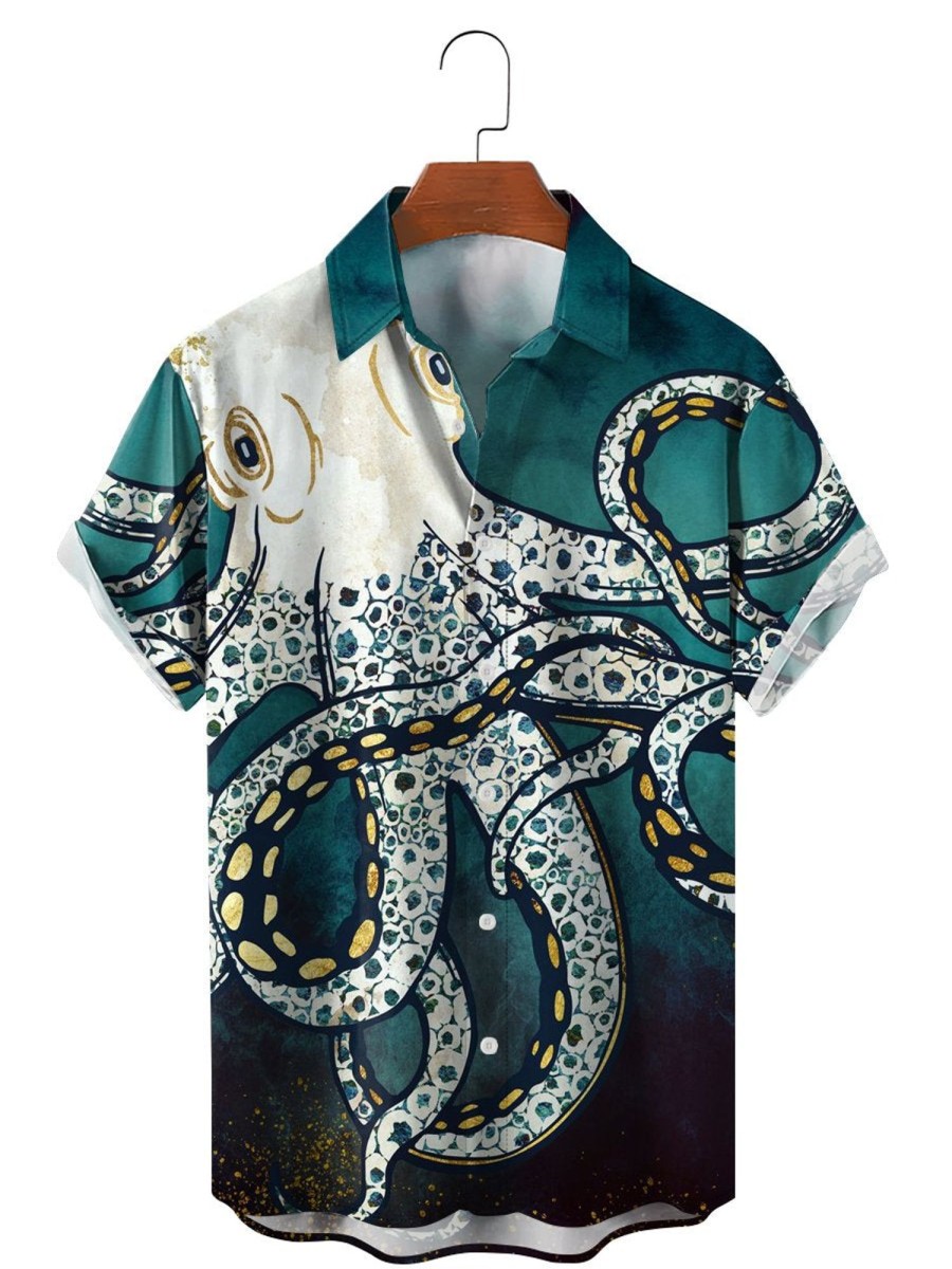 Men HLJ Shirts | Ocean Octopus Print Casual Breathable Hawaiian Shirt Lake Blue