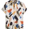 Men HWT Shirts | Men'S Hawaiian Shirts Geometric Art Design Print Short Sleeve Shirt Beige