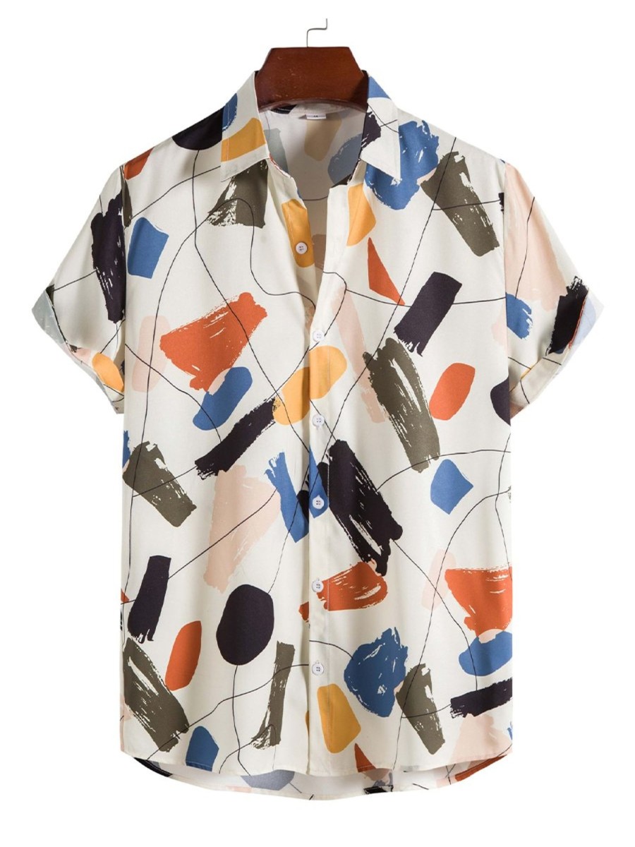 Men HWT Shirts | Men'S Hawaiian Shirts Geometric Art Design Print Short Sleeve Shirt Beige