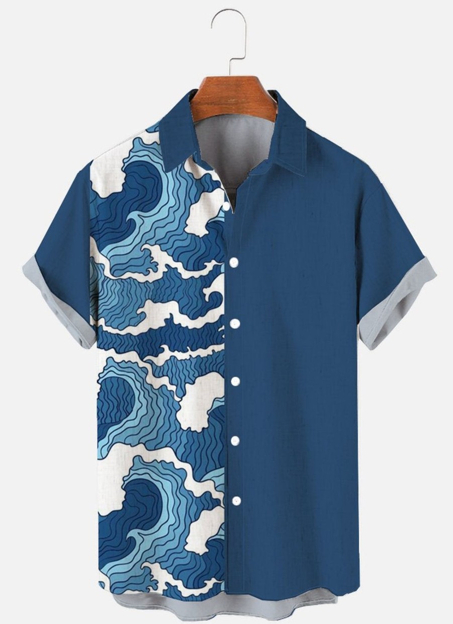 Men XT Shirts | Men'S Wave Print Short Sleeve Shirt Blue