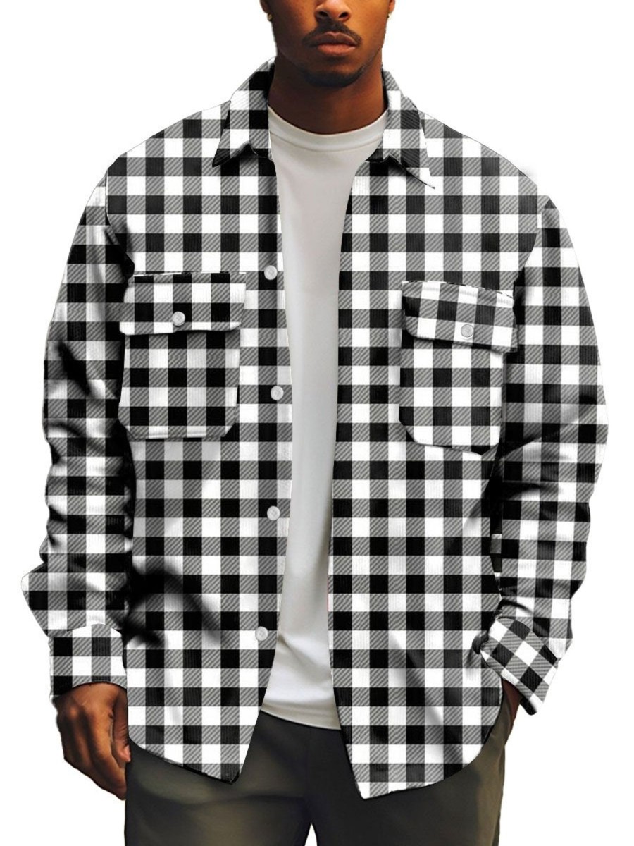 Men BXL Print Jacket | Men'S Retro Plaid Print Casual Shirt Jacket Black