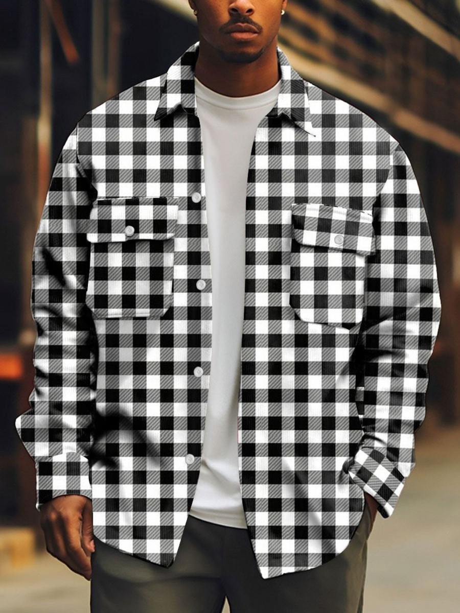 Men BXL Print Jacket | Men'S Retro Plaid Print Casual Shirt Jacket Black