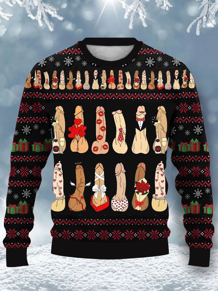 Men DJ Ugly Sweater | Fun Cocks Print Casual Crew Neck Sweatshirt Photo Color