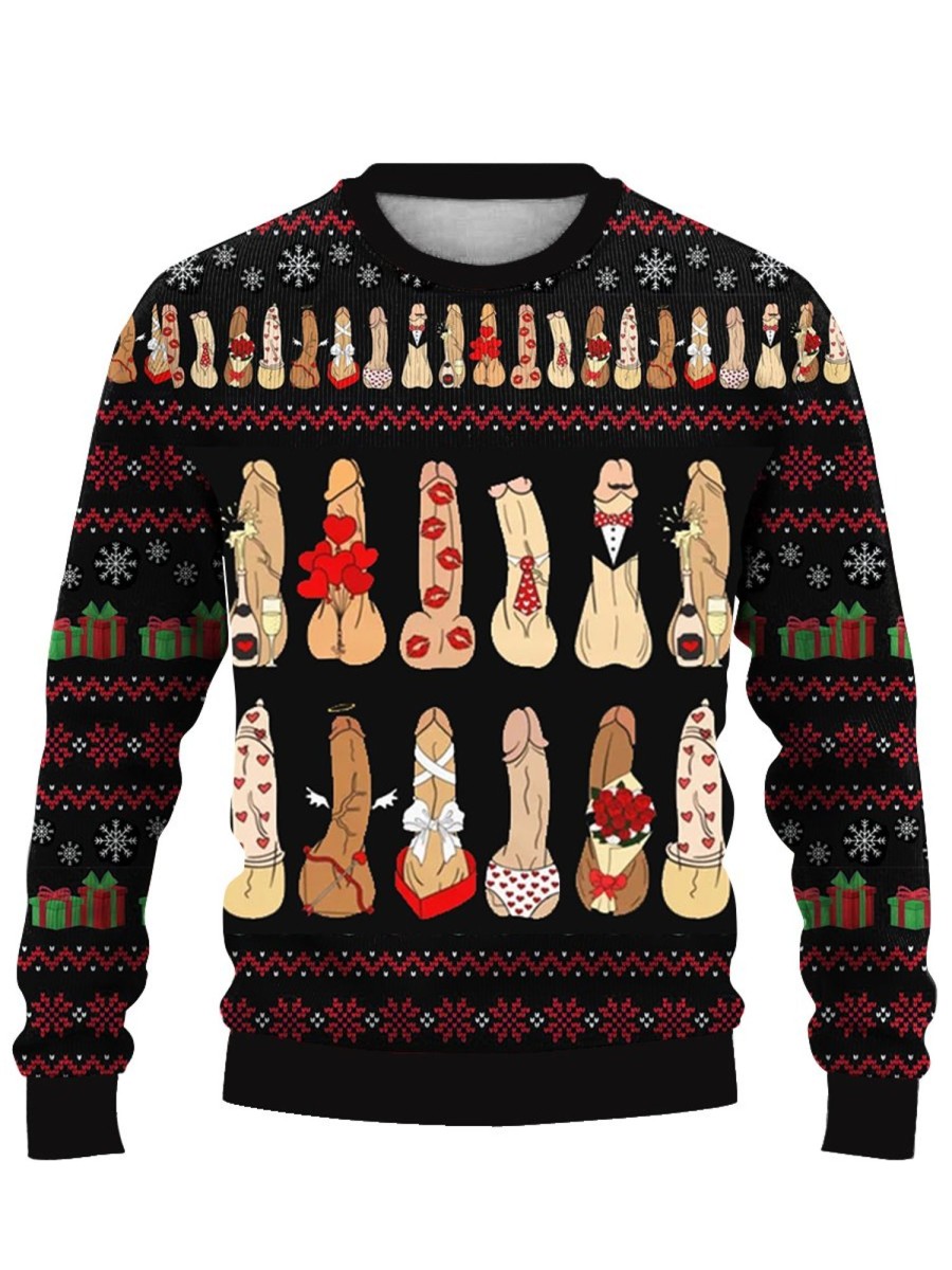 Men DJ Ugly Sweater | Fun Cocks Print Casual Crew Neck Sweatshirt Photo Color