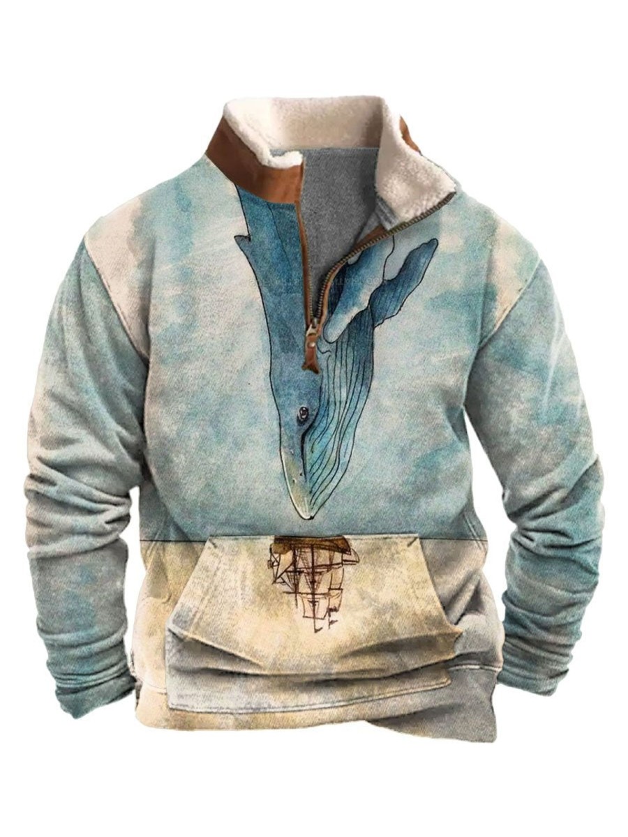 Men BXL T-Shirts | Men'S And Women'S Undersea Animal Zipper Fur Collar Sweatshirt Blue