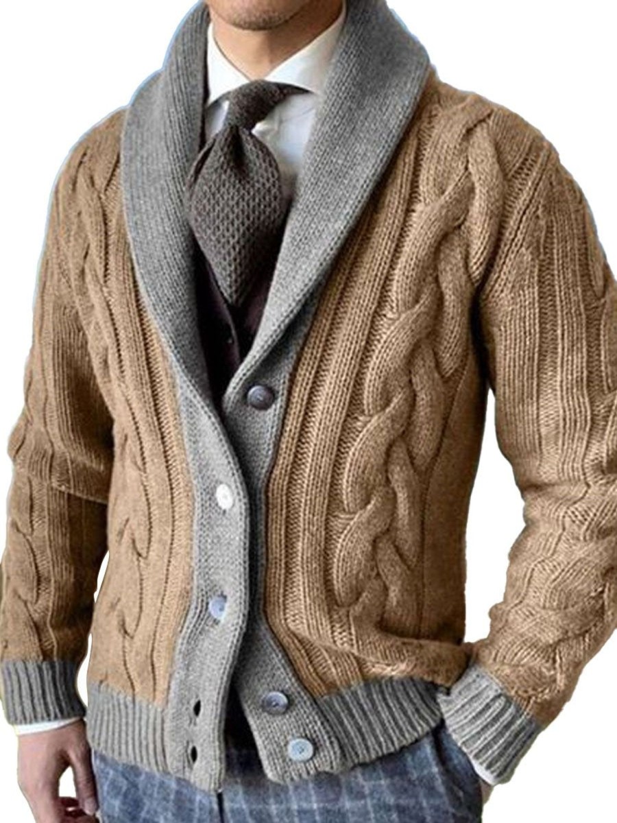 Men DJ Cardigan | Lapel Two-Tone Casual Single-Breasted Knitted Cardigan Khaki