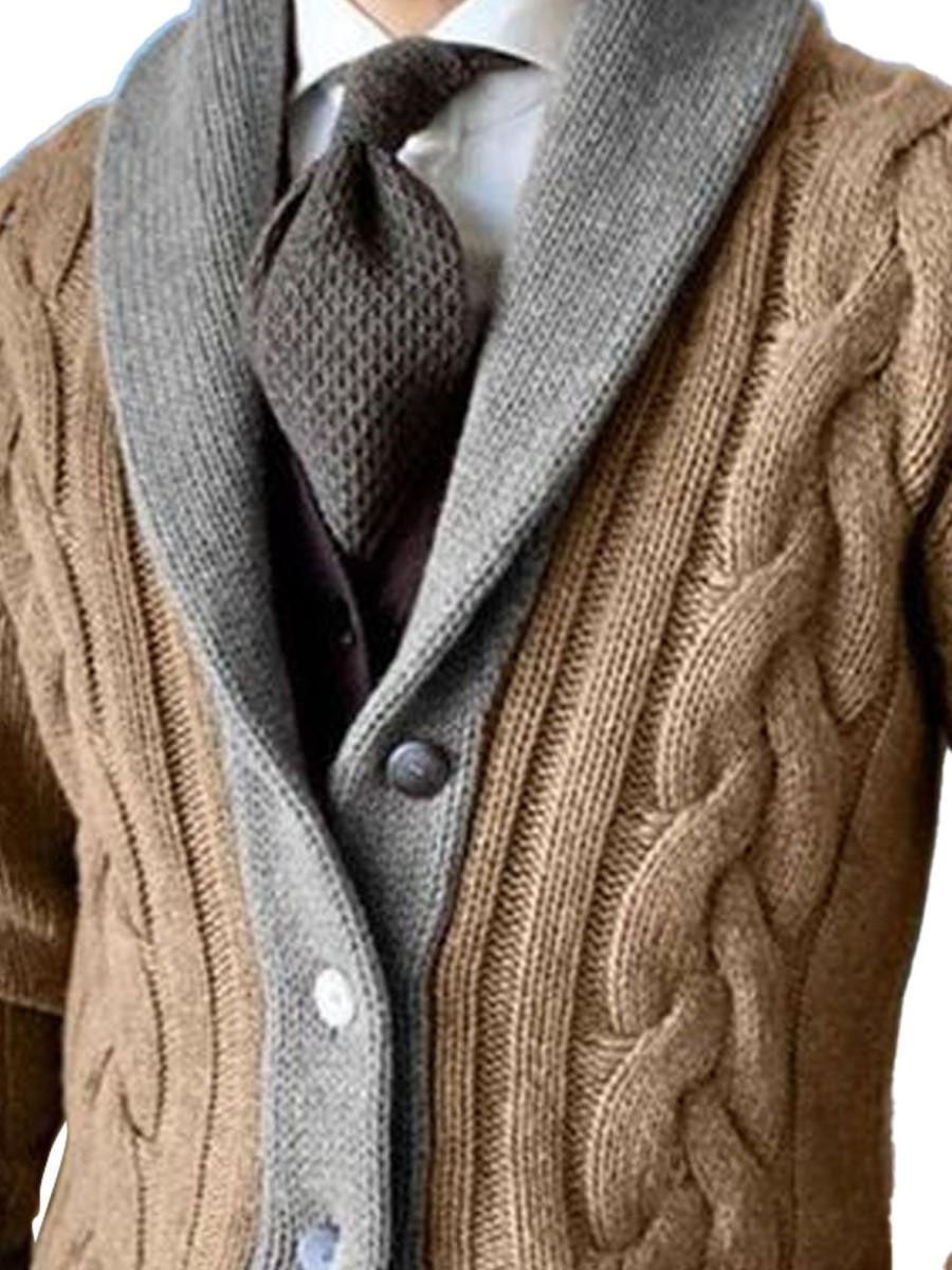 Men DJ Cardigan | Lapel Two-Tone Casual Single-Breasted Knitted Cardigan Khaki