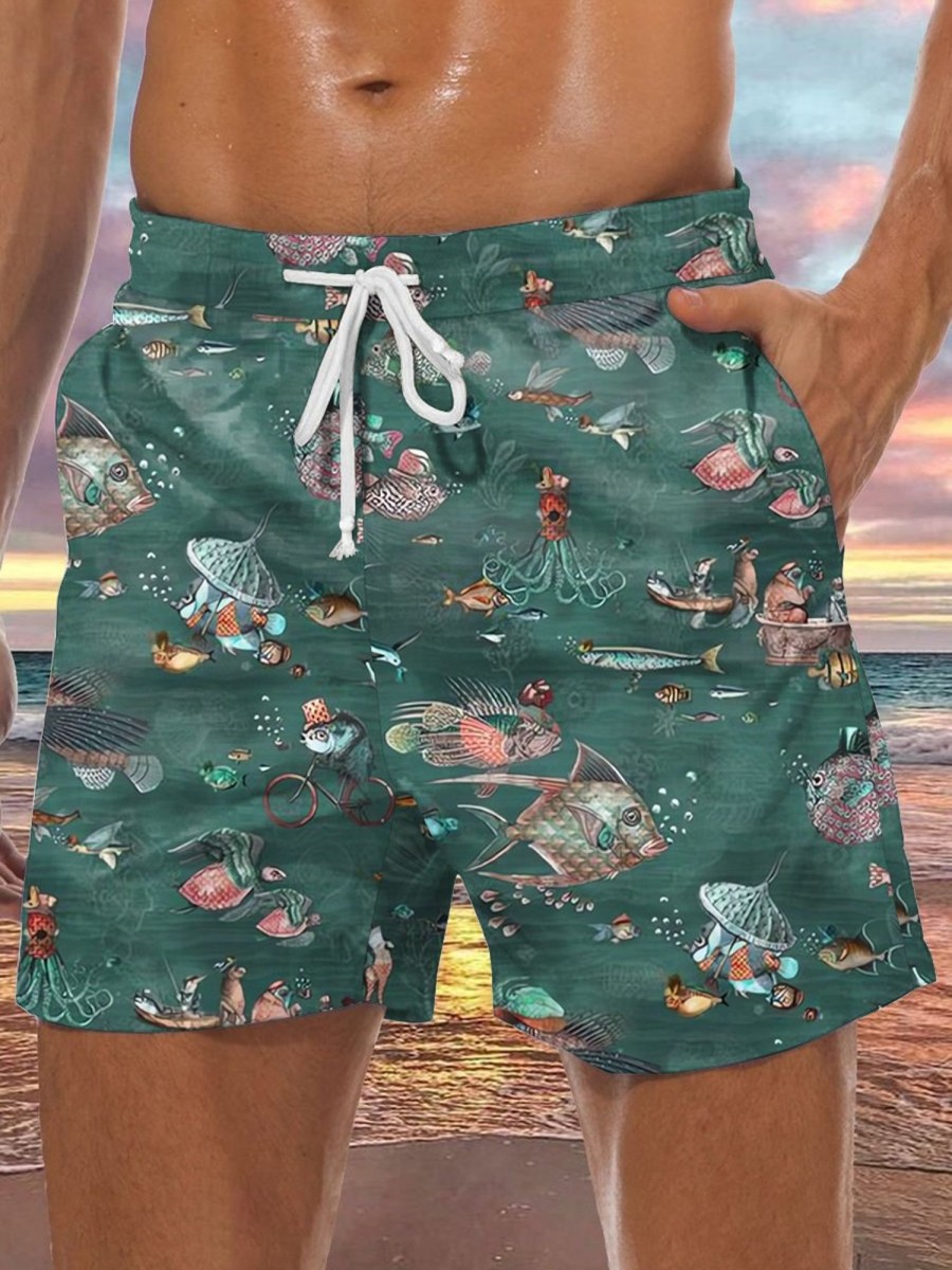 Men DJ Shorts | Retro Sea Life Print Pocket Lace Up Lounge Shorts