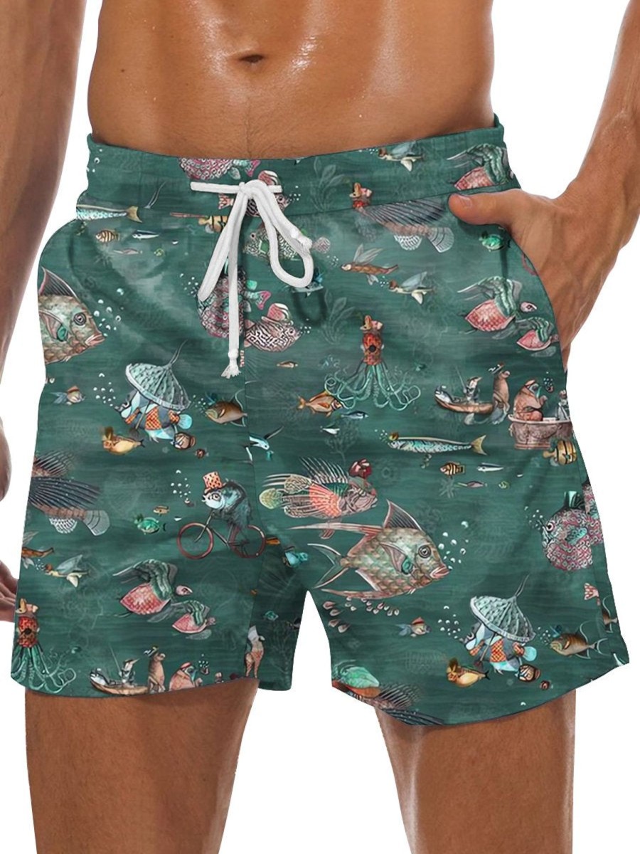 Men DJ Shorts | Retro Sea Life Print Pocket Lace Up Lounge Shorts