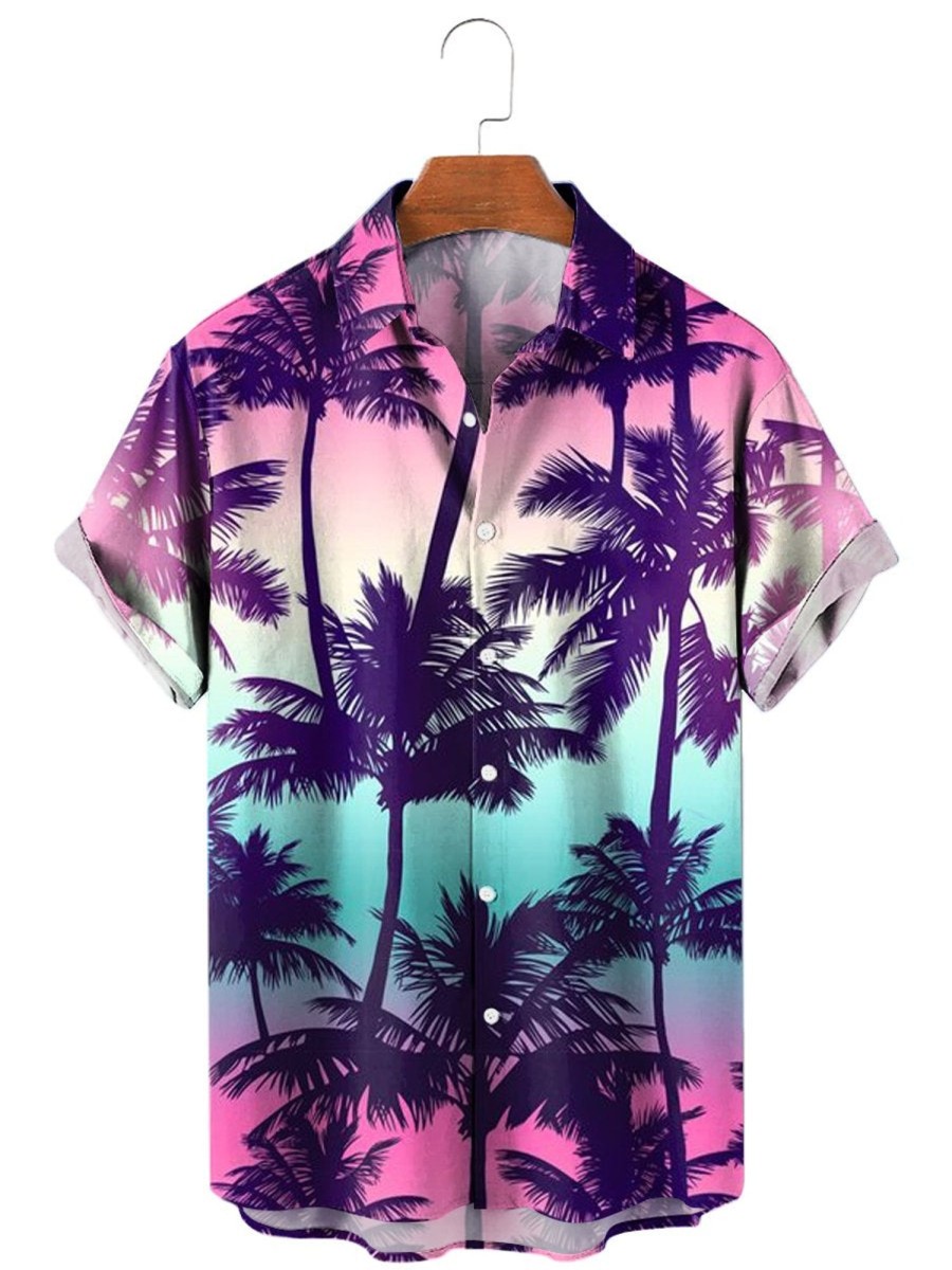 Men XT Shirts | Summer Palms Print Short Sleeve Shirt 49191394X Purple