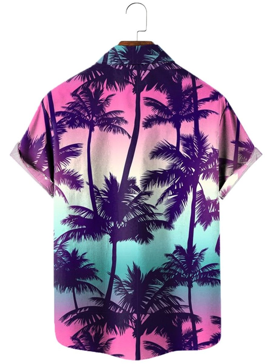 Men XT Shirts | Summer Palms Print Short Sleeve Shirt 49191394X Purple