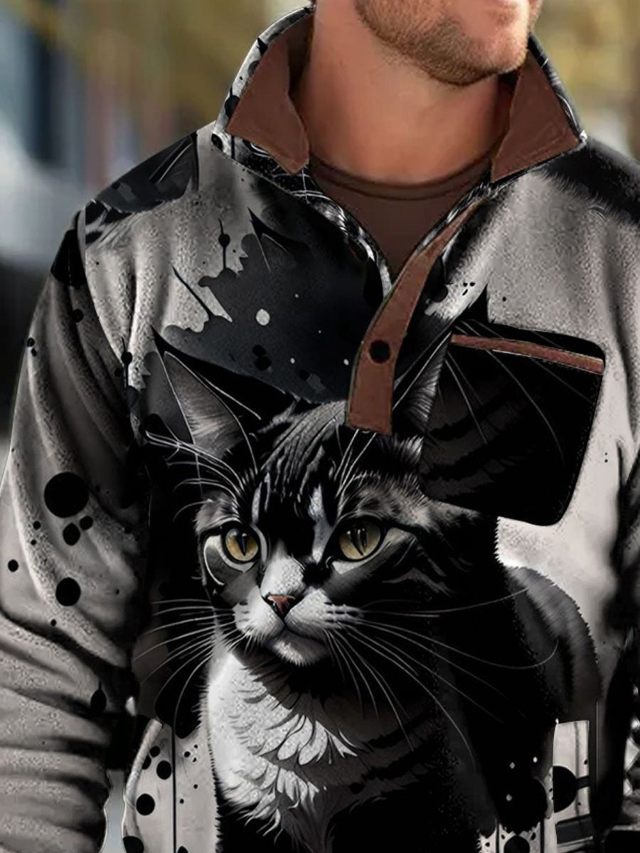 Men BXL T-Shirts | Men'S Casual Fun Animal Cat Splash Print Fleece Pocket Polo Sweatshirt Gray