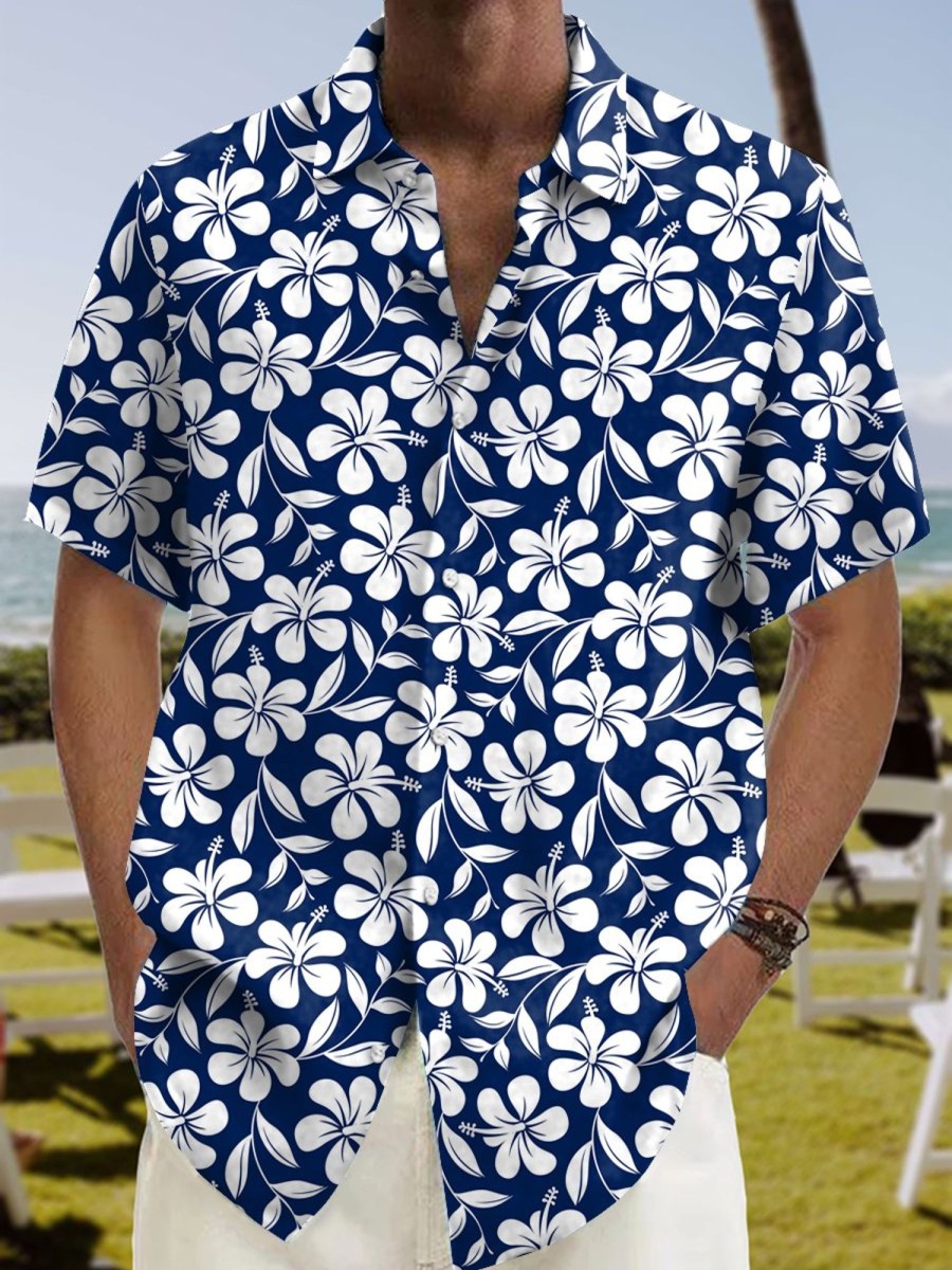 Men HLJ Shirts | And White Tropical Hibiscus Hawaiian Short Sleeve Shirt Blue