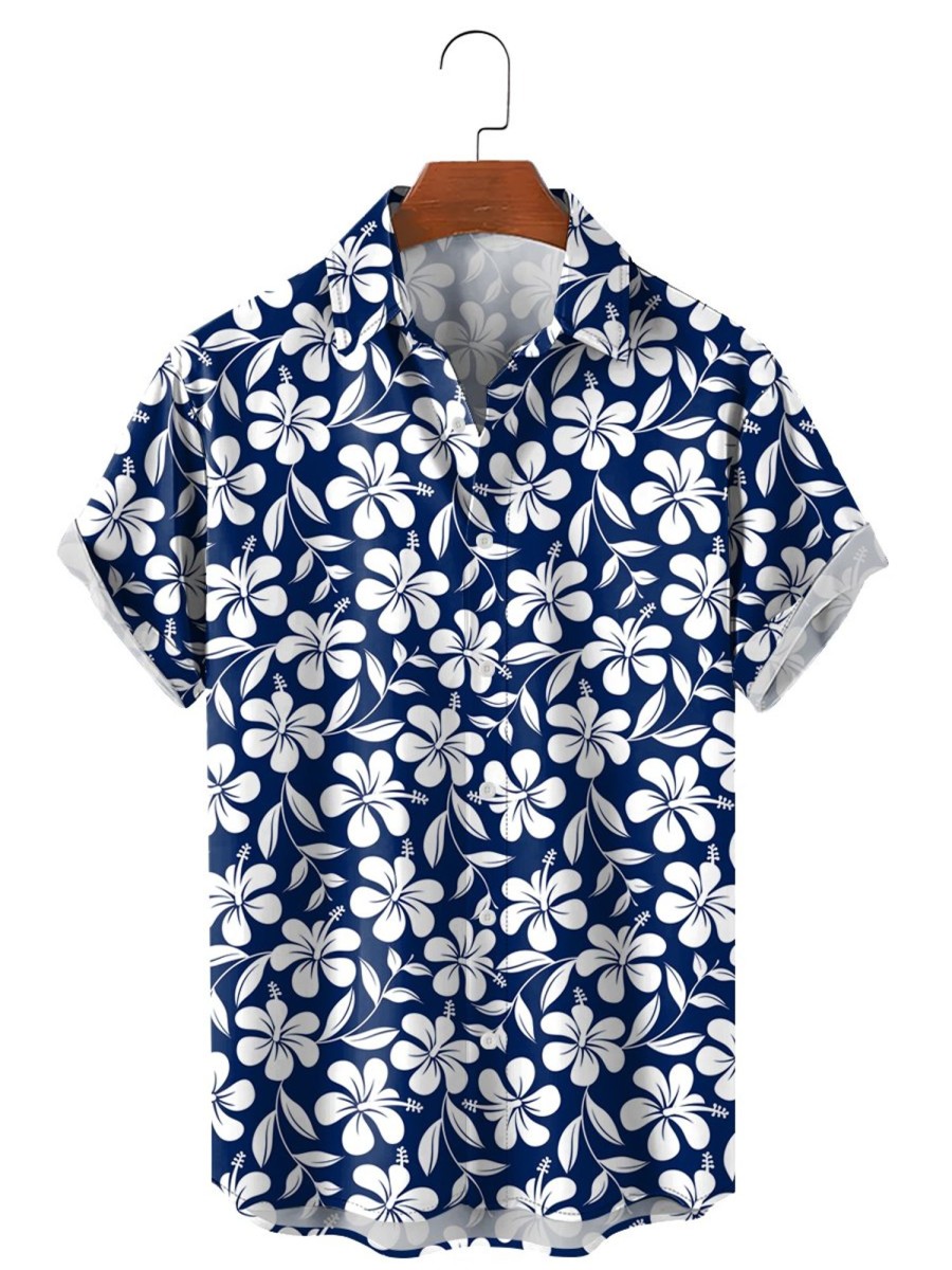 Men HLJ Shirts | And White Tropical Hibiscus Hawaiian Short Sleeve Shirt Blue