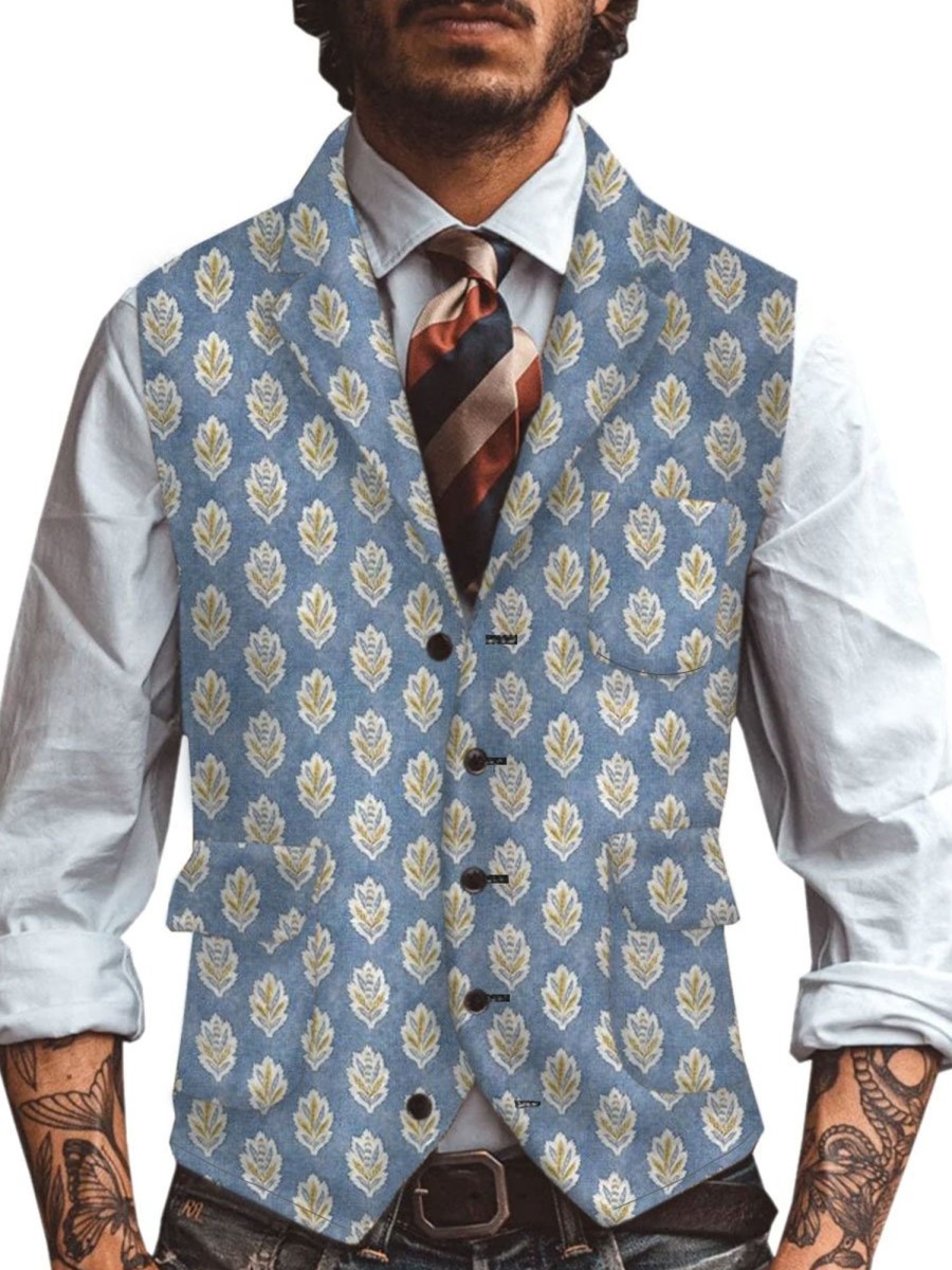 Men DJ Vest | Vintage Printed Lapel Three-Pocket Casual Vest Blue