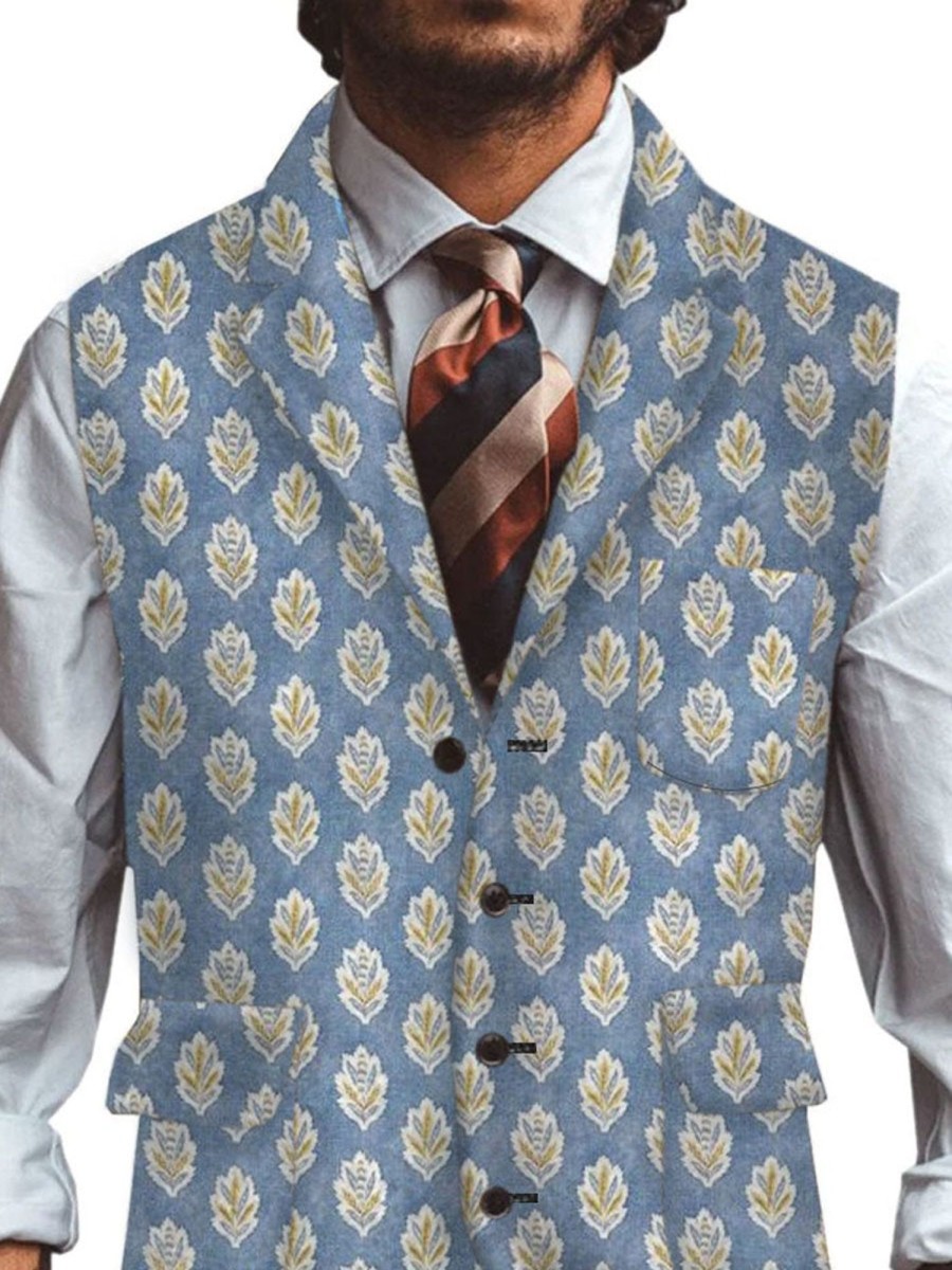 Men DJ Vest | Vintage Printed Lapel Three-Pocket Casual Vest Blue