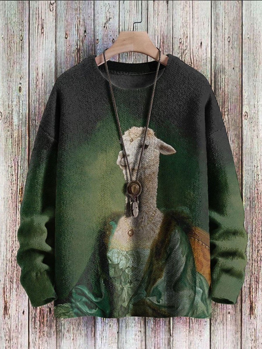 Men BXL Print Sweater | Men'S And Women'S Retro Dress Alpaca Figure Knitted Crew Neck Sweater Dark Green