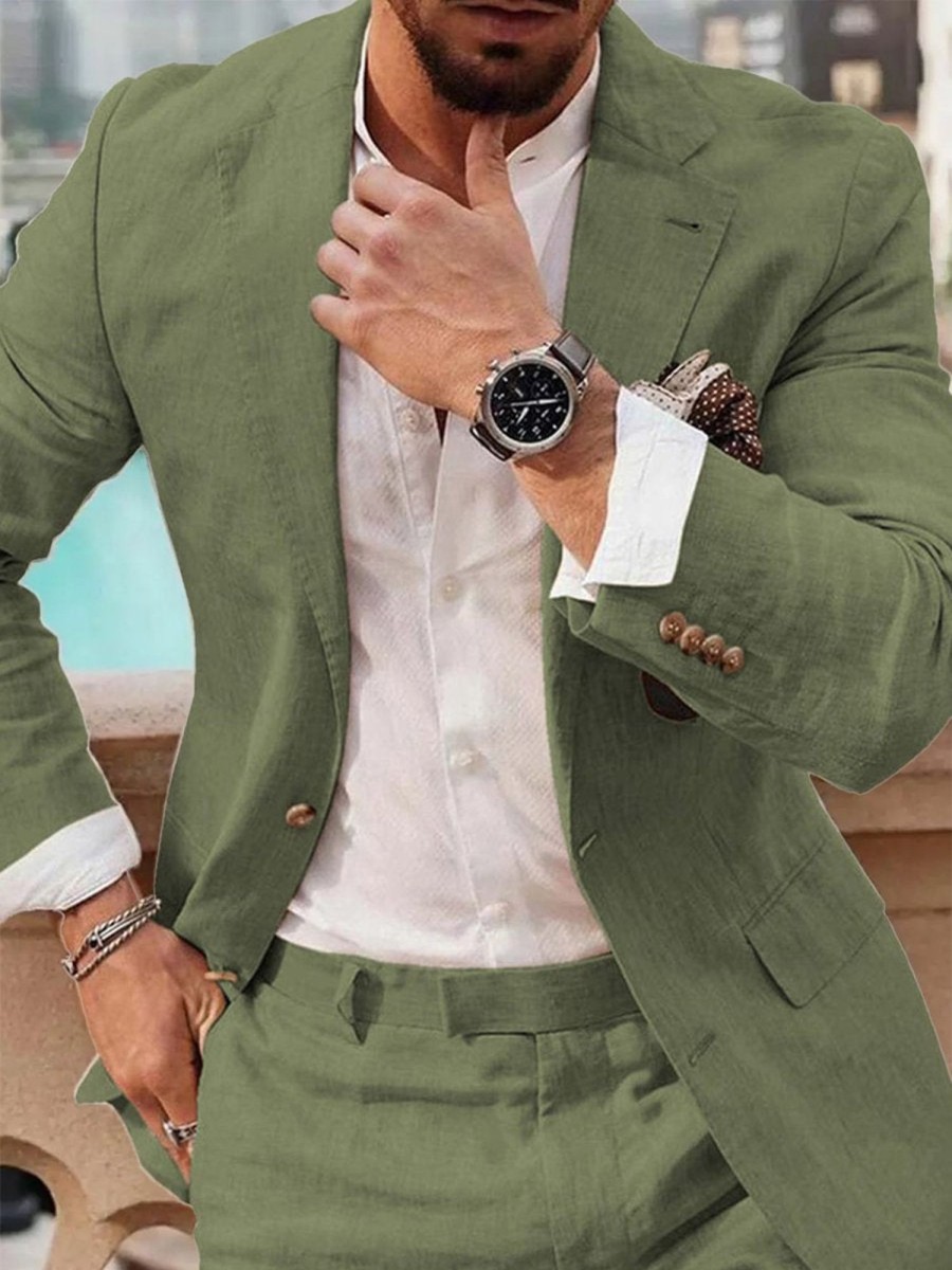 Men QMY Jacket | Casual Double Button Notch Lapel Blazer Green