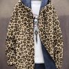 Men DJ Print Jacket | Vintage Leopard Print Fleece Pocket Hooded Cardigan Khaki