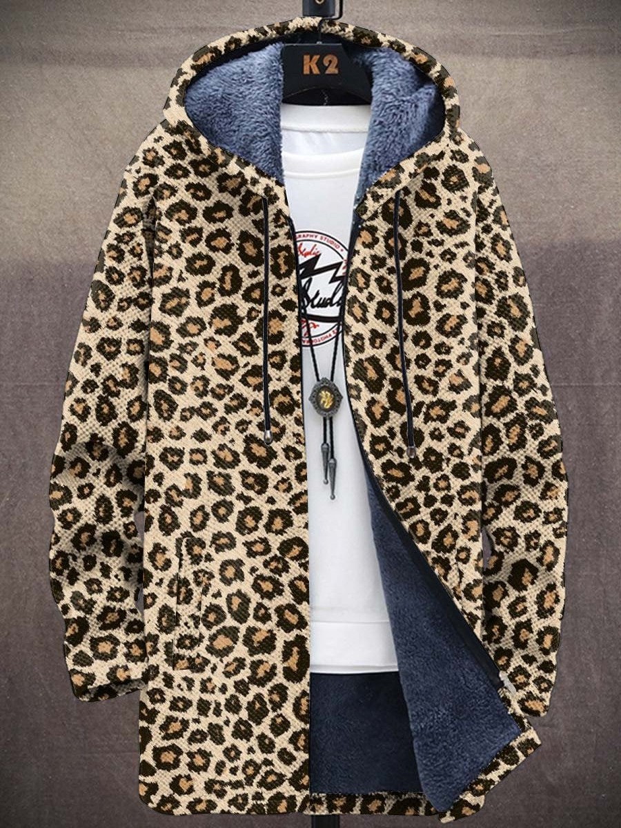 Men DJ Print Jacket | Vintage Leopard Print Fleece Pocket Hooded Cardigan Khaki