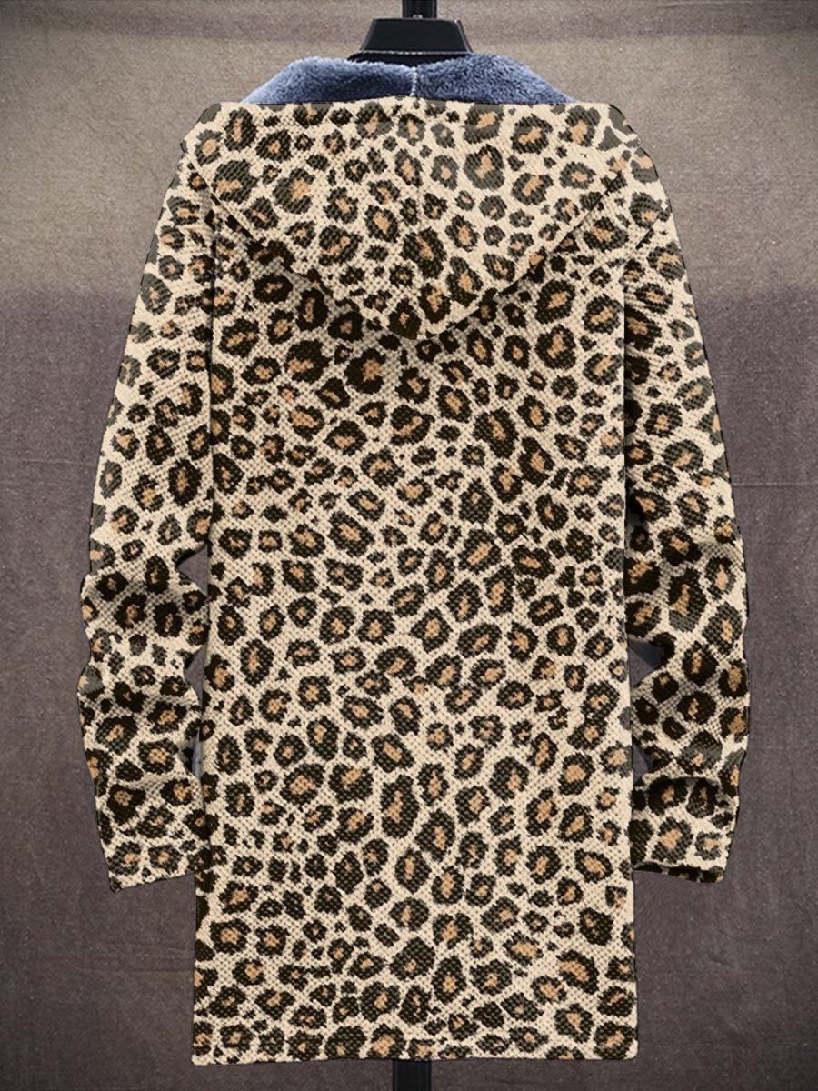 Men DJ Print Jacket | Vintage Leopard Print Fleece Pocket Hooded Cardigan Khaki