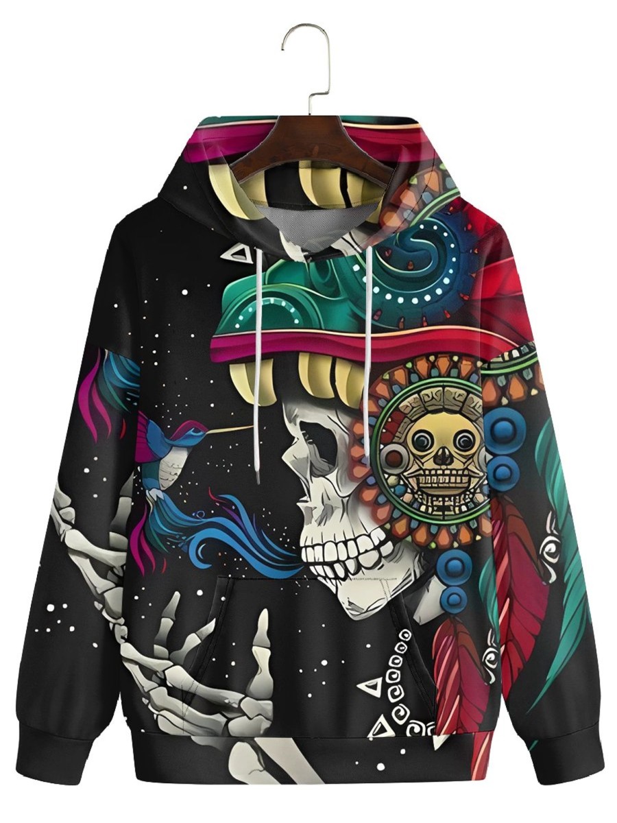 Men LJC T-Shirts | Skull And Bird Print Pocket Hoodie Photo Color