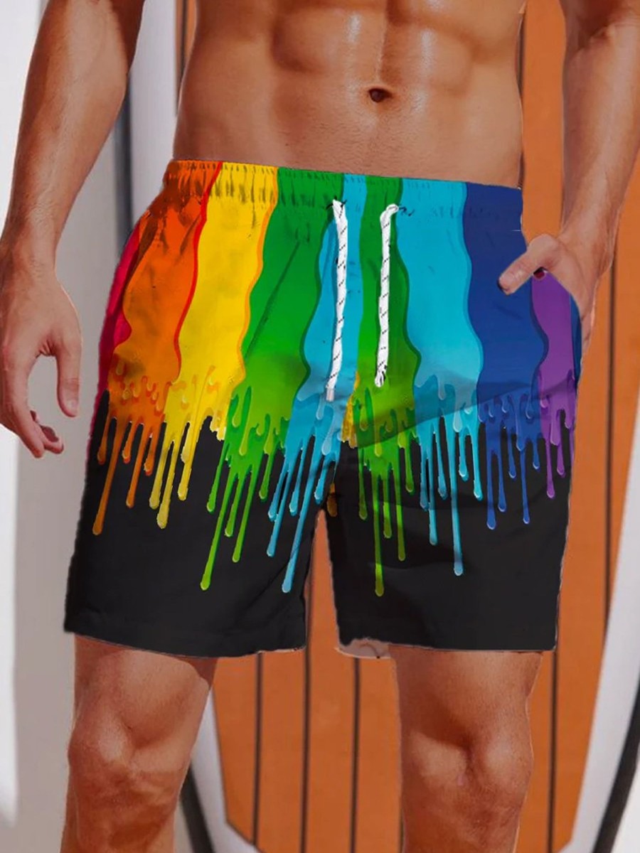 Men HLJ Bottoms | Rainbow Funny Paint Splatter Hawaiian Shorts Black