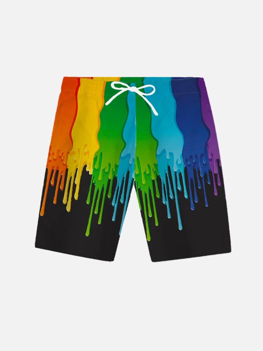 Men HLJ Bottoms | Rainbow Funny Paint Splatter Hawaiian Shorts Black