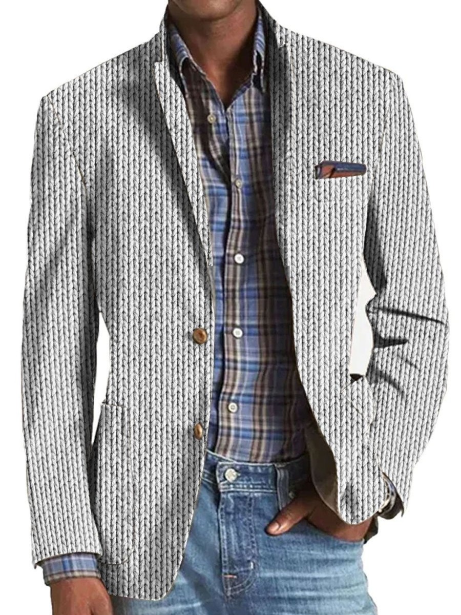 Men TH Print Jacket | Retro Line Lapel Three Pocket Casual Blazer White